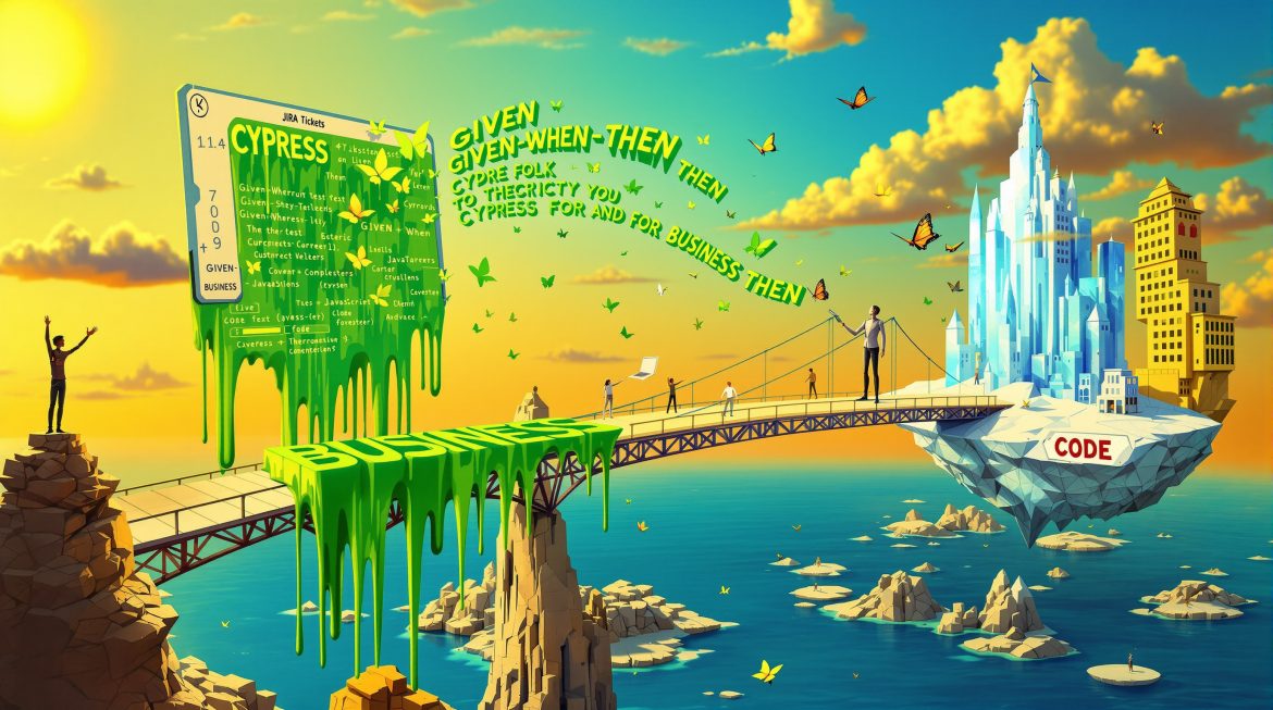 Surreale Darstellung: User Stories verwandeln sich in Cypress-Tests, Dalí-Stil