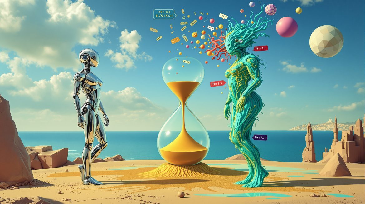 Surreale Darstellung von KI-Testing: Roboter trifft menschliches Nutzerverhalten