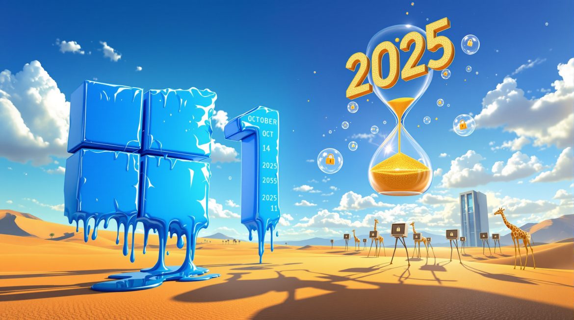 Surreale Darstellung des Windows 10 zu 11 Übergangs im Dalí-Stil mit Datum