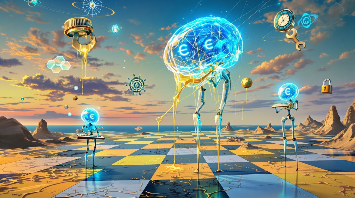 Drei vernetzte KI-Agenten mit dünnen Beinen auf schmelzender Landschaft, Dalí-Stil