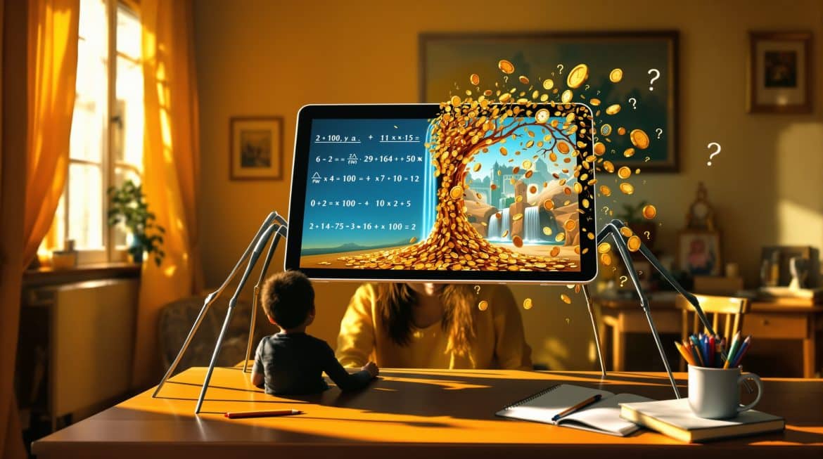 Tablet zeigt Lernapp und versteckte Spiele, Eltern-Silhouette schaut ahnungslos