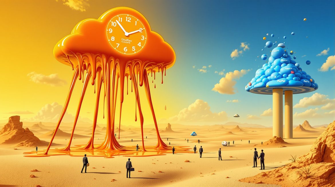 Melzendes Cloudflare-Logo über offline Websites ChatGPT, X und PayPal