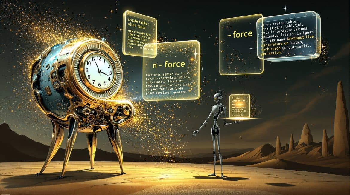 Uhr wird Datenbank, SQL-Dateien schweben, Roboter tippt --force für KI-Workflow