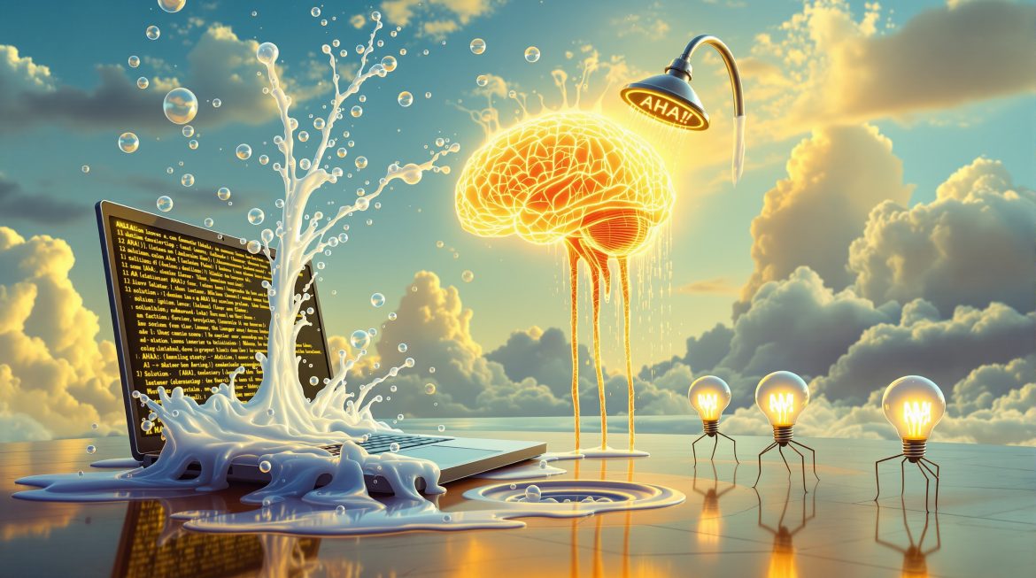 Surreales Gehirn unter Dusche symbolisiert kreative Problemlösung für Developer