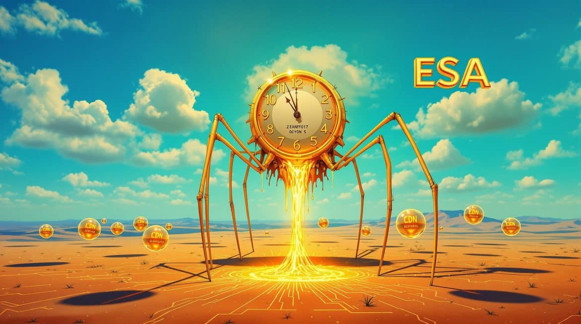 Surreales Dalí-Bild: Schmelzende API-Uhr mit CDN-Kugeln am Bildrand vernetzt