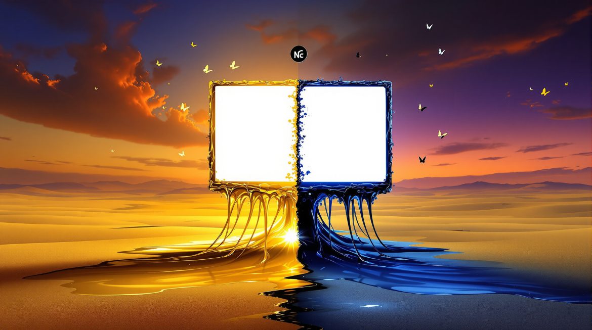 Surrealer Monitor zeigt Light und Dark Mode mit fließenden Farbströmen