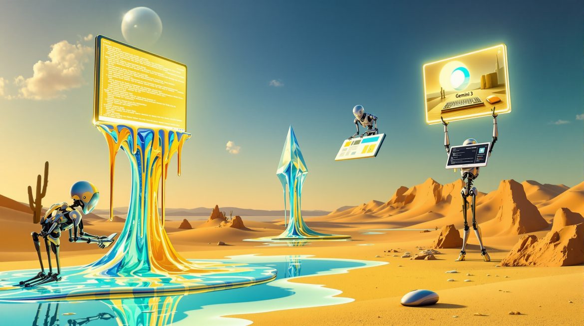 Schmelzender Code-Editor mit drei KI-Agenten in surrealer LandschaftTeilenArtefakteAlles herunterladenFlux pro image prompt antigravityDokument · MD Seo metadaten antigravityDokument · MD Google antigravity ide gemini 3 agentic developmentDokument · MD ProjektinhaltBlog PostVon dir erstelltFüge PDFs, Dokumente oder andere Texte hinzu, um sie in diesem Projekt als Referenz zu verwenden.