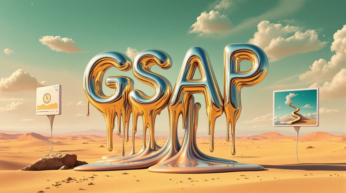 Schmelzendes GSAP-Logo mit Animations-Timeline im surrealen Dalí-Stil