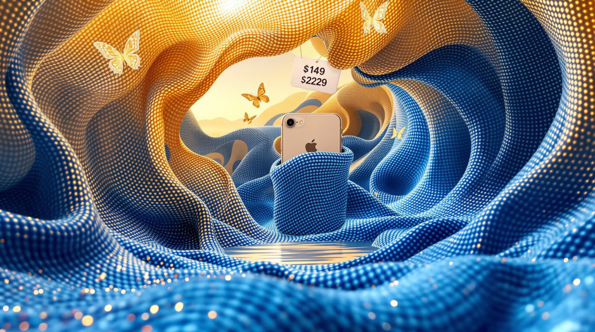 iPhone in surrealer 3D-Strick-Tasche mit schmelzenden Designer-Elementen