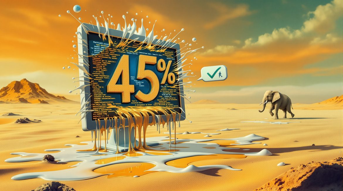 Schmelzender Monitor zeigt 45% KI-Fehlerrate mit Lupe zur Code-ValidierungTeilenArtefakteAlles herunterladenBild metadaten ki fehlerDokument · MD Flux pro image prompt ki fehlerTXT Seo metadaten ki falschinformationenDokument · MD Blog post ki falschinformationen 45 prozent fehlerhaftDokument · MD ProjektinhaltBlog PostVon dir erstelltFüge PDFs, Dokumente oder andere Texte hinzu, um sie in diesem Projekt als Referenz zu verwenden.