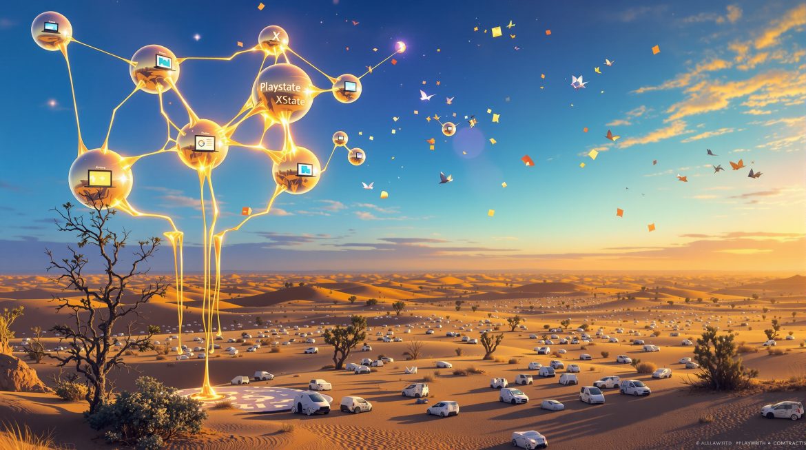 Surrealistische Darstellung von Model Based Testing mit State Machine Diagramm