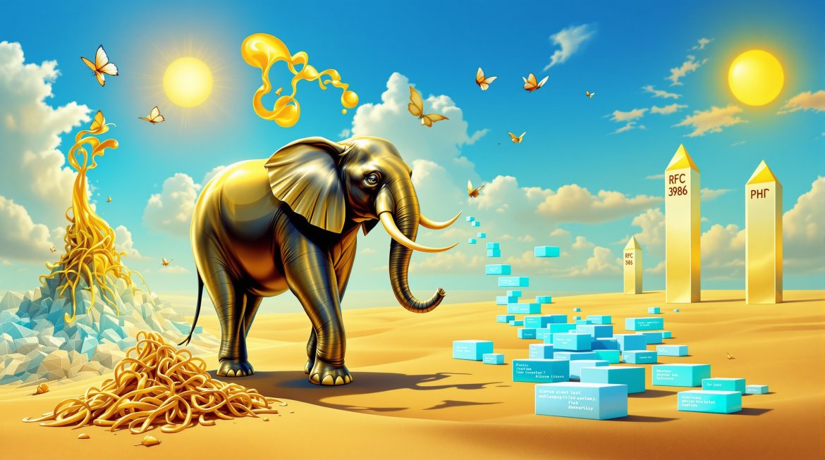 PHP 8.5 Elephant-Logo mit Pipe-Operator-Symbol in Dalí-Stil, Code fließt geordnet