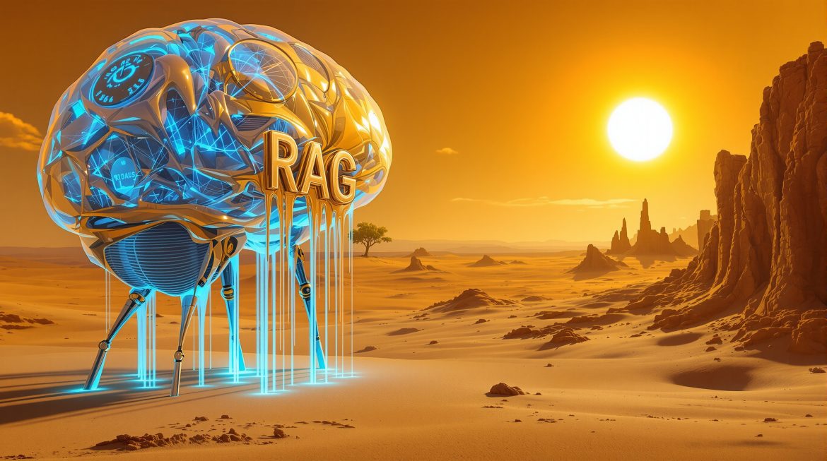 RAG-Konzept visualisiert: KI-Gehirn verbindet sich mit Wissensdatenbanken