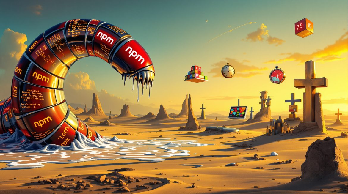 Surrealer NPM-Wurm durchdringt Low-Code-Plattformen, Dalí-Stil Darstellung