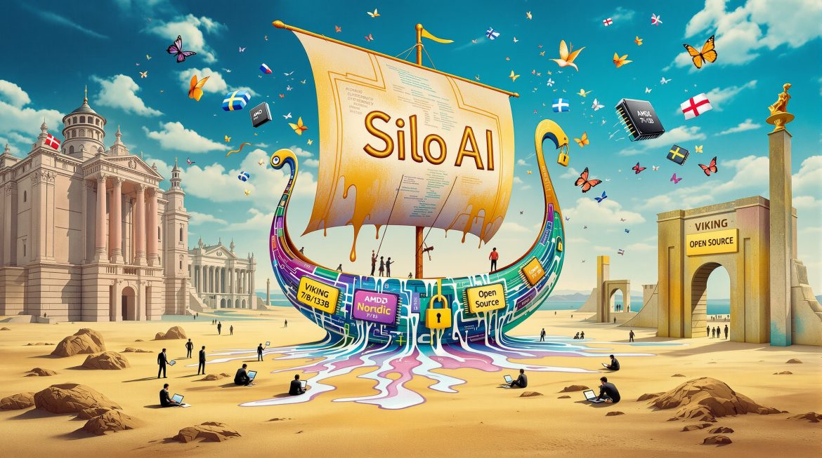 Silo AI Wikingerschiff mit AMD-Chips und nordischen Flaggen im Dalí-Stil