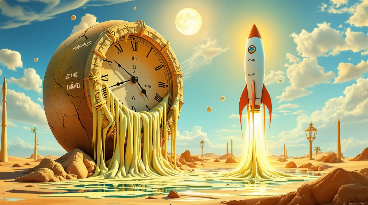 Surreale Darstellung: Schmelzende Datenbank wird zu Statamic Flat-File-System