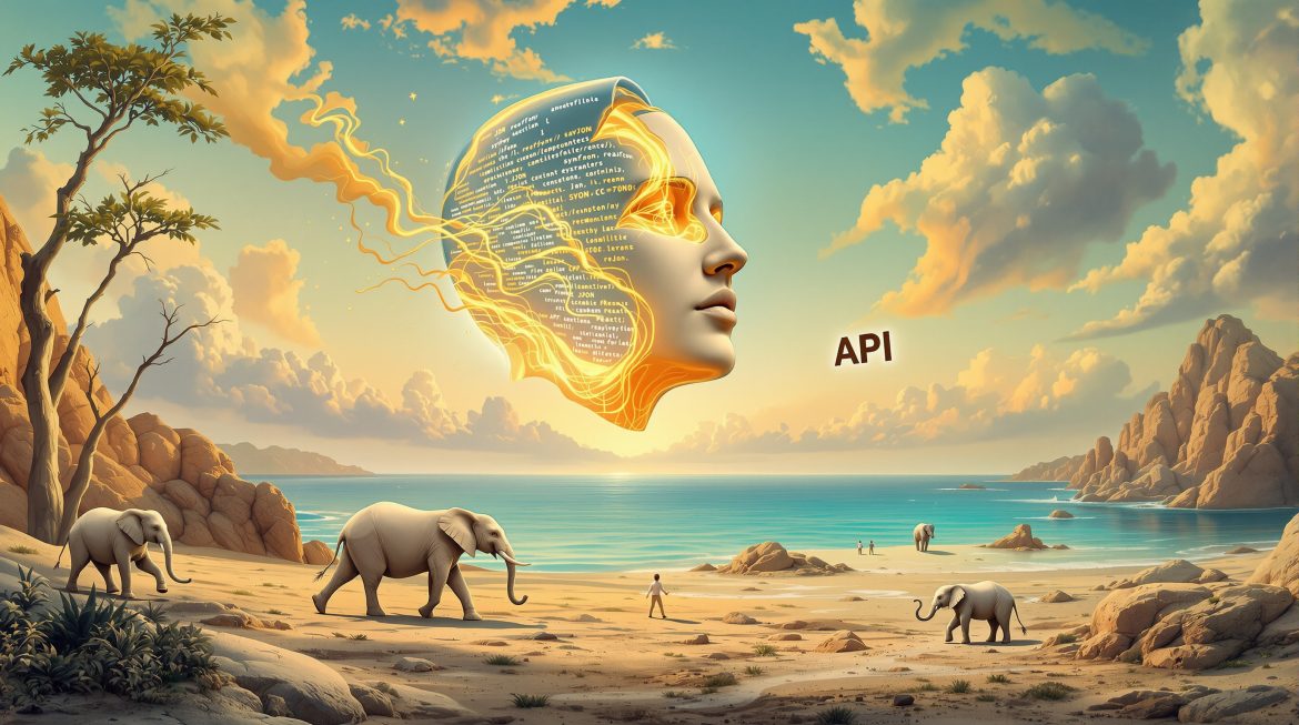 Surreales Bild: Kopf öffnet sich, JSON-Daten fließen zu React-Frontend