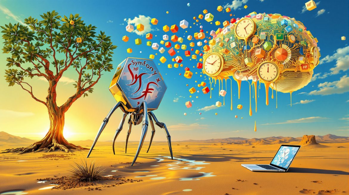 Surreales Kunstwerk: Symfony Logo mit schmelzenden HuggingFace KI-Modellen