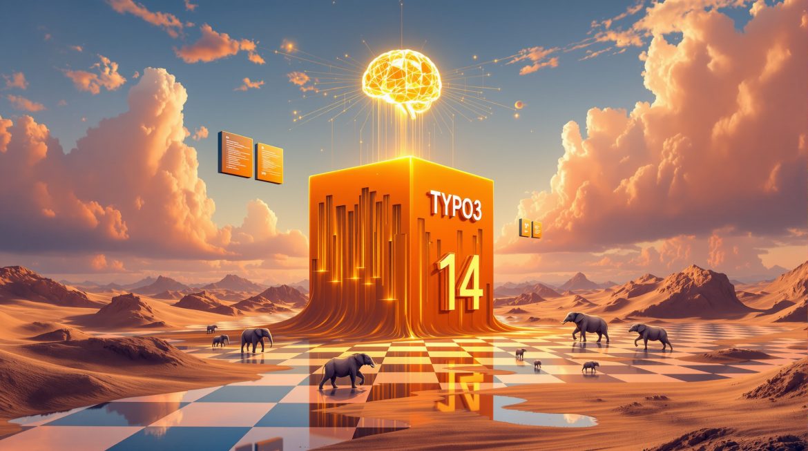 Surreales Bild: TYPO3-Würfel mit Content Blocks und KI-Gehirn in warmen Farben