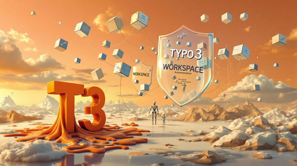 Surreale Darstellung: TYPO3 MCP Server verbindet sich mit n8n Automation-Nodes