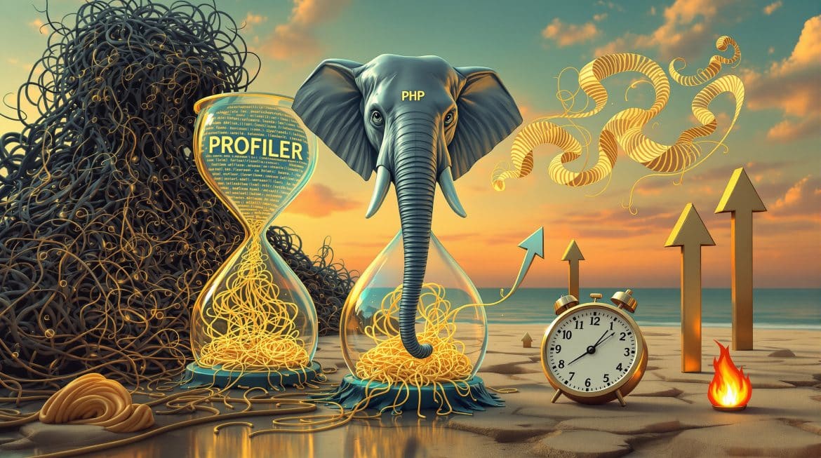 Surreale Darstellung: PHP-Code fließt durch Profiler-Lupe, wird zu schnellem Code