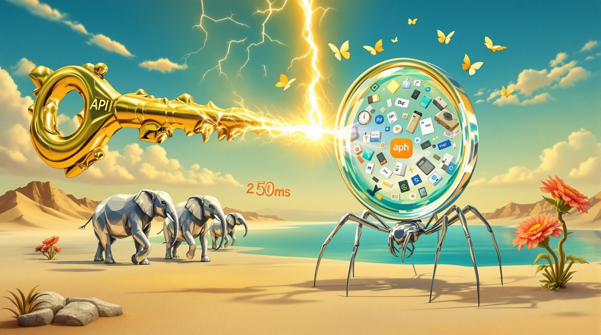Surreale Darstellung: API-Schlüssel wird zu Blitz, trifft Suchglas mit 50ms-Text