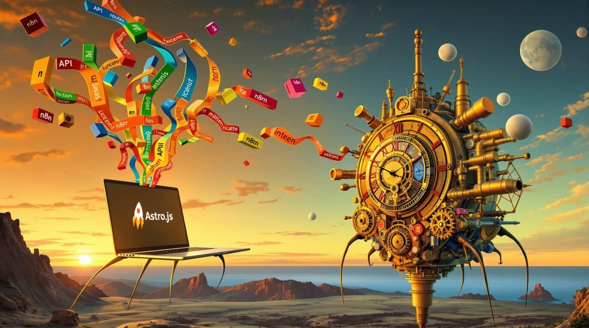 Surreal: Code fließt von Laptop zu Workflow-Maschine in Wüstenlandschaft