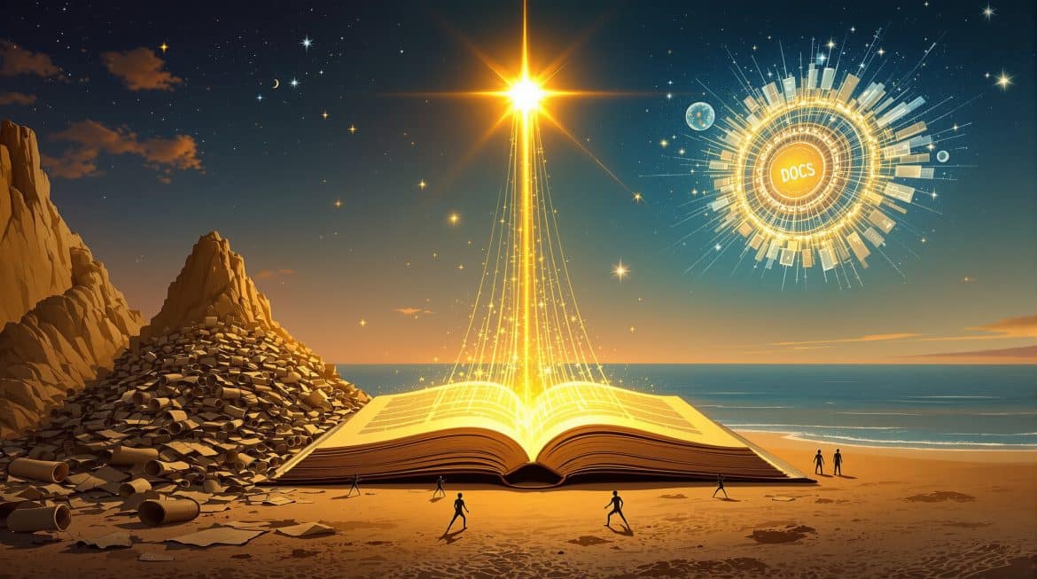 Surreales Buch mit Sternenlichtstrahlen transformiert Dokumenten-Chaos zu Ordnung