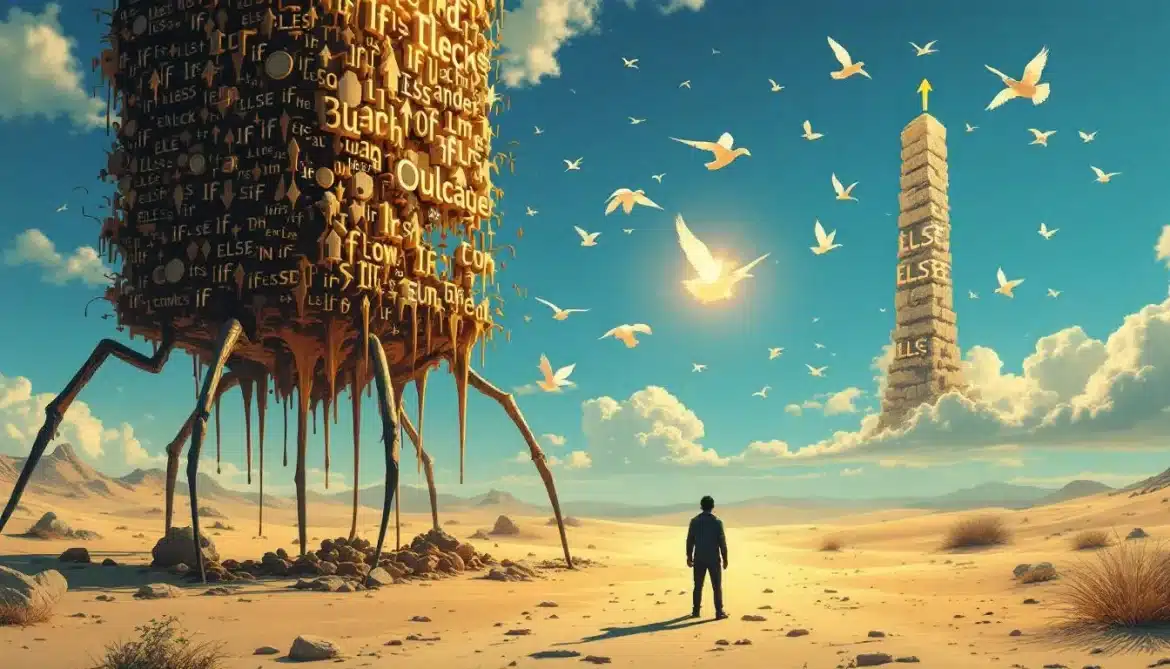 A surrealist Salvador Dalí-inspired digital painting showing a massive melting code block structure on thin spider-like legs in a Mediterranean desert landscape. On the left side, deeply nested if-else brackets cascade downward like melting clocks, tangled and chaotic, dripping into the sand. On the right side, a clean vertical stack of guard clause arrows points upward toward a bright sky, transforming into elegant white birds flying free. The word "ELSE" appears as a crumbling 3D stone monument being erased by golden light. A developer figure stands at the crossroads, facing the clean path. Warm sunset colors, terracotta and azure blue tones, long dramatic shadows, crystal-clear Mediterranean atmosphere, optimistic and liberating mood.