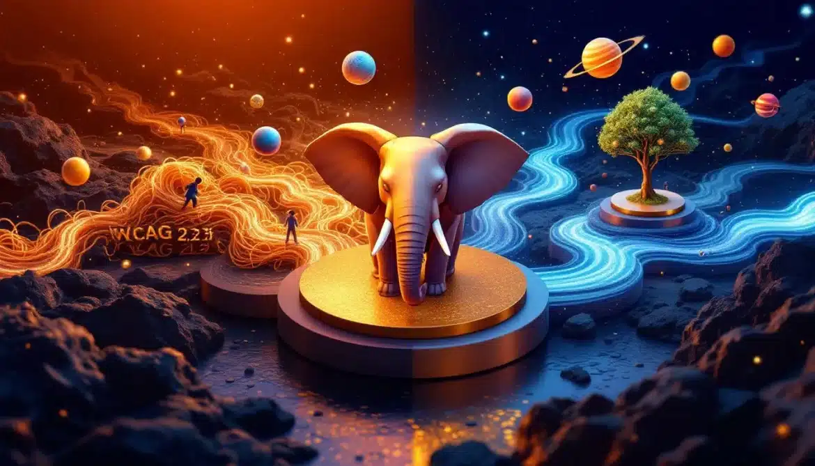 Surreales Bild: PHP Elefant wird Accessibility Symbol, Developer am Code arbeiten