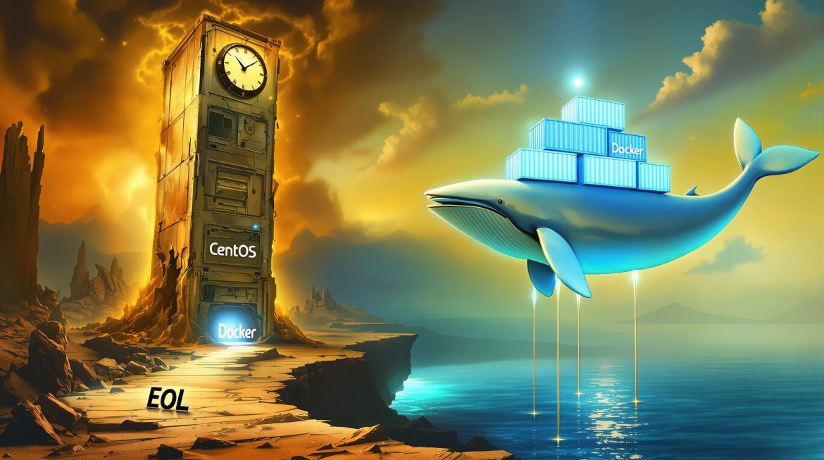 Surreales Bild: Alter Server verwandelt sich in Docker-Wal im Dalí-Stil