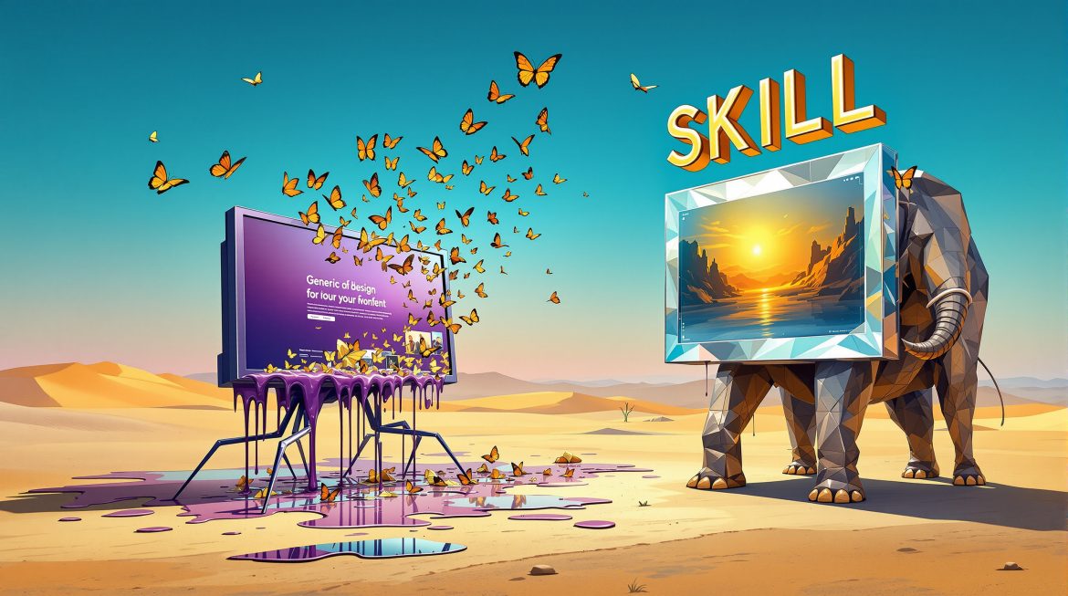 Surreales Bild: Generisches UI schmilzt, wird zu kreativem Frontend-Design