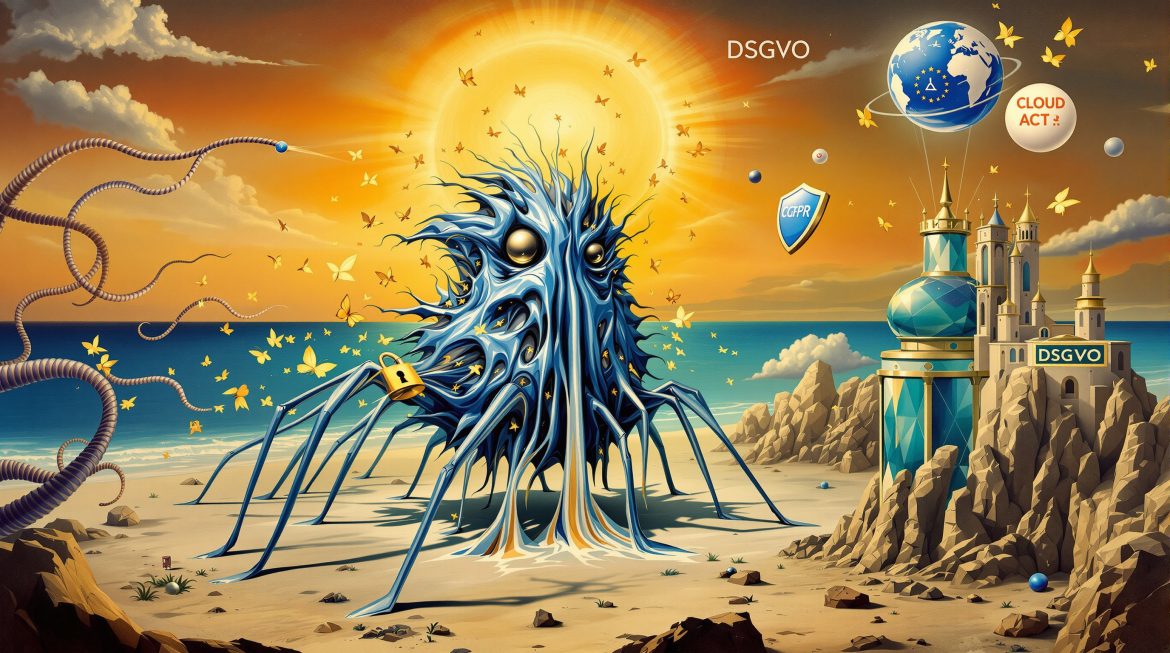 Surrealer schmelzender Cloud-Server mit EU-Schutzschild gegen US-Datenzugriff