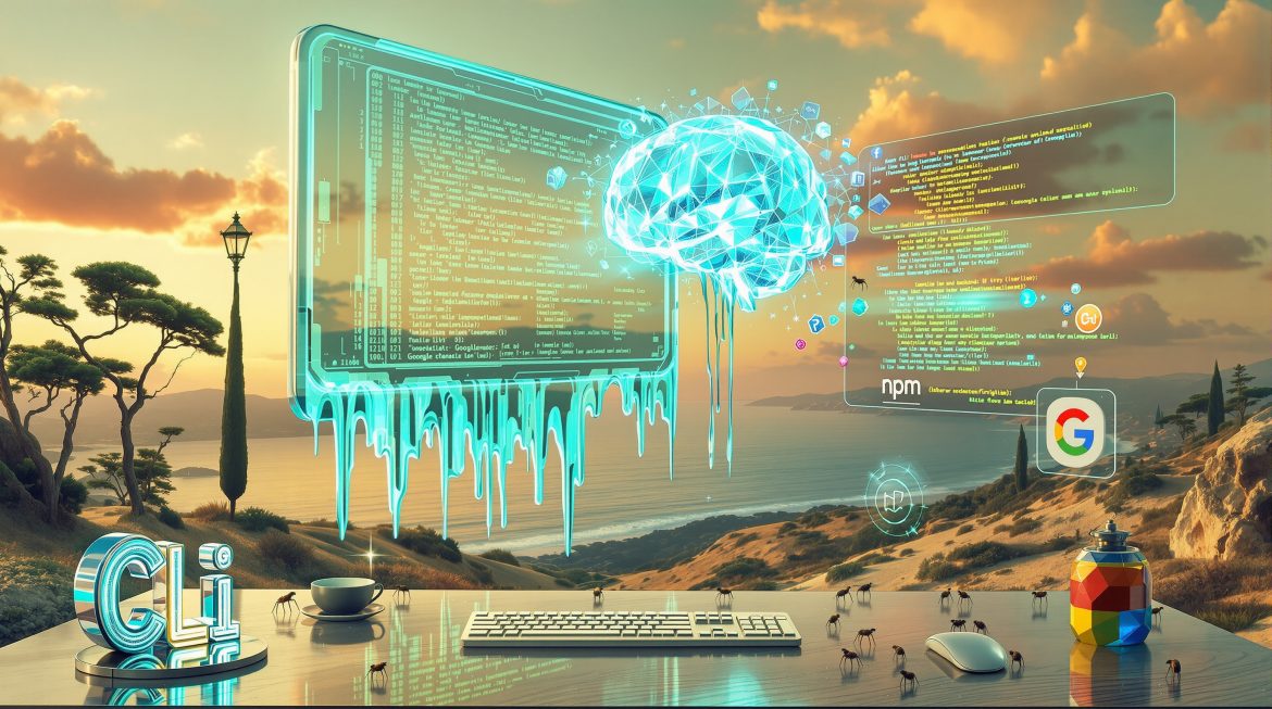 Surreales Bild: Terminal mit fließendem Code verbindet sich mit KI-Gehirn