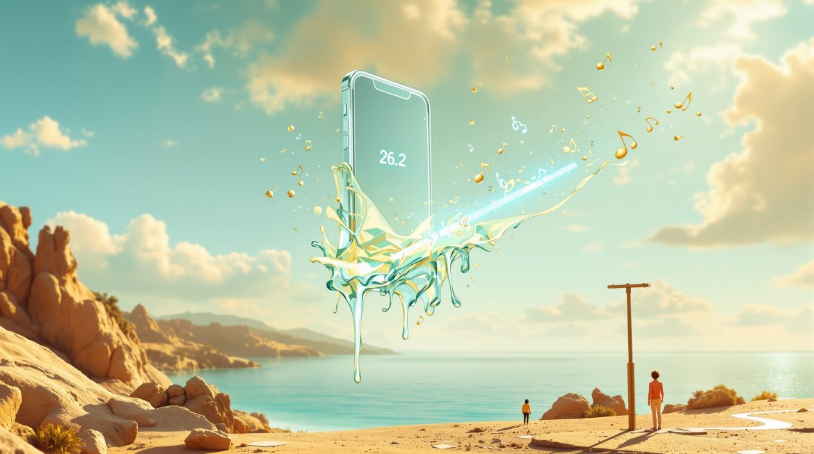 Surreales iPhone mit iOS 26.2, schmelzende Glaskanten, Alarmglocken schweben