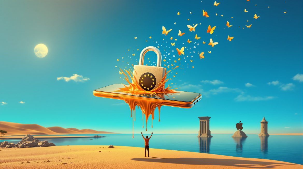 Surreales Smartphone mit EU-Schloss und Code-Schmetterlingen über Seelandschaft