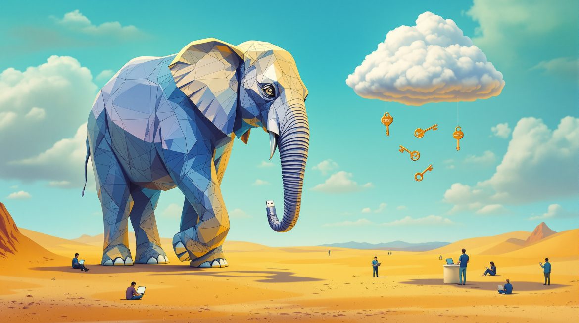 Surreales Bild: PHP-Elefant verbindet sich mit KI-Cloud über USB-C-Kabel