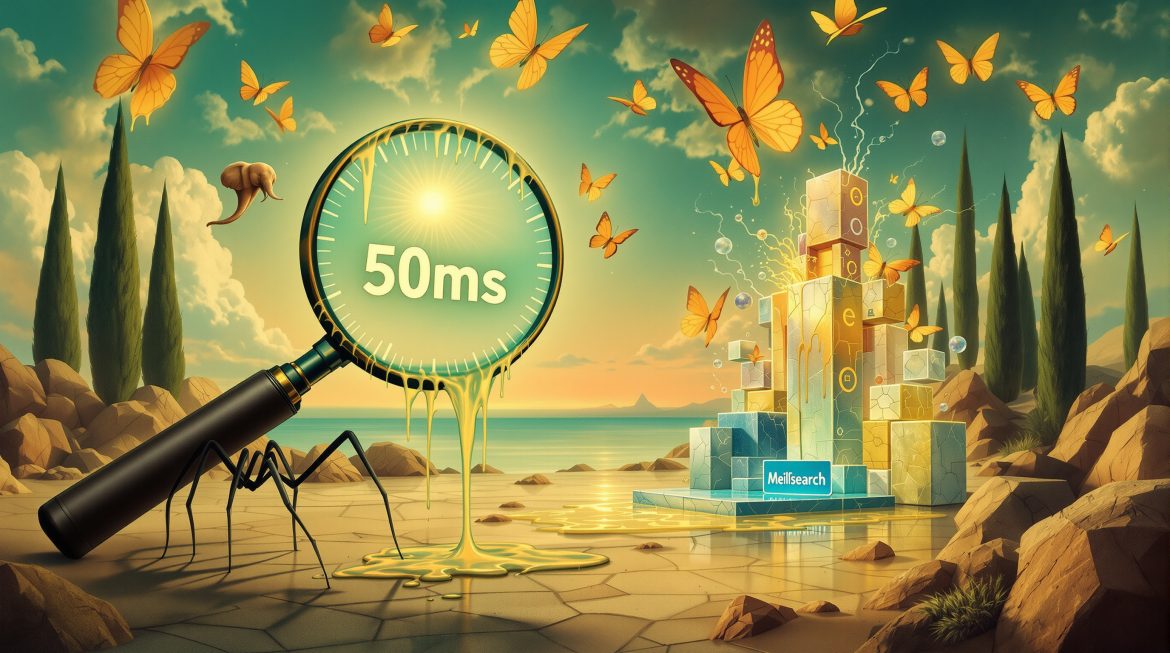 Surreale Lupe mit Symfony-Logo sucht durch schwebende Dokumente, warmes Licht