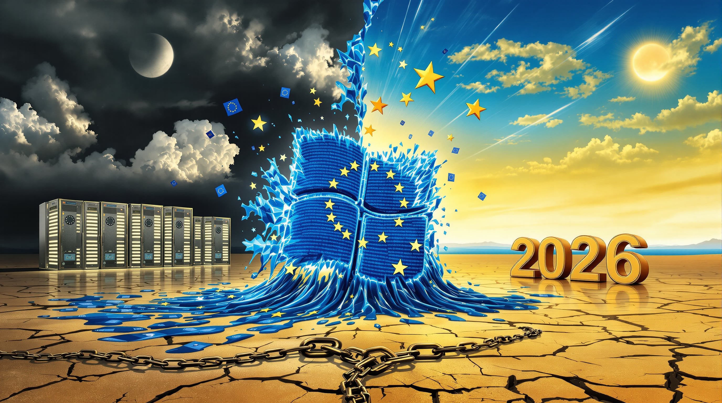 Surreales Dalí-Bild: Microsoft-Logo schmilzt, EU-Sterne erheben sich siegreichTeilenArtefakteAlles herunterladenBlog post microsoft alternativen 2026Dokument · MD Seo metadatenDokument · MD Flux image promptDokument · MD ProjektinhaltBlog PostVon dir erstelltFüge PDFs, Dokumente oder andere Texte hinzu, um sie in diesem Projekt als Referenz zu verwenden.