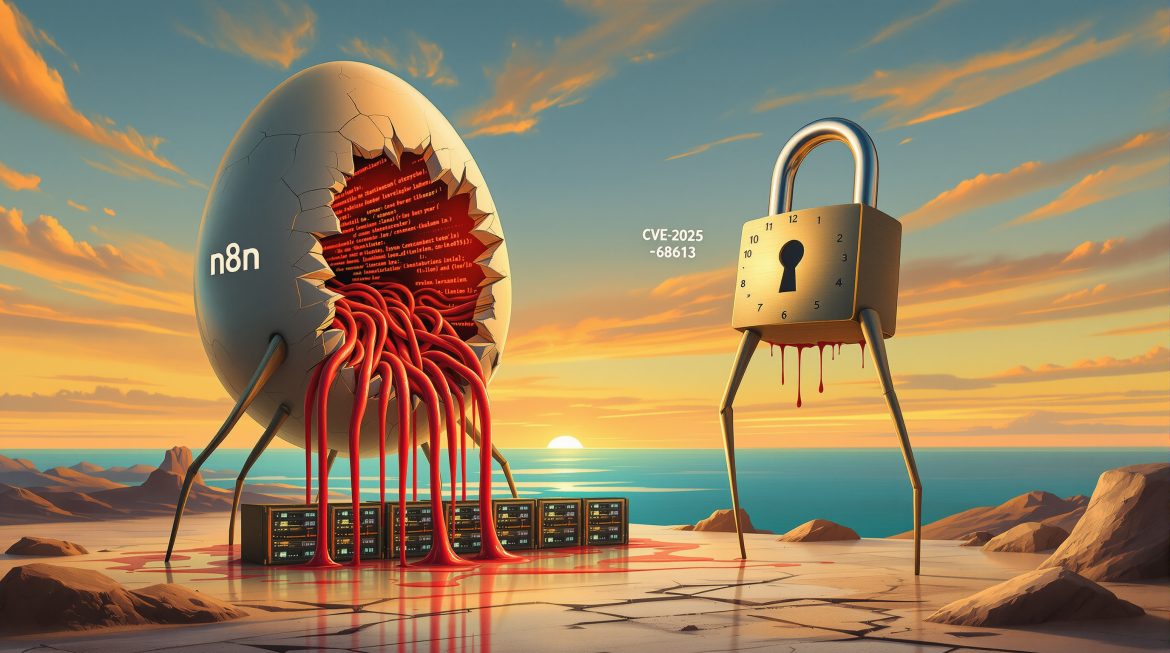n8n Workflow-Node mit Sicherheitsriss und Warnhinweis CVE-2025-68613 im Dalí-Stil