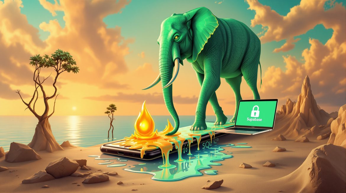 Surreales Dalí-Bild: PostgreSQL-Elefant über schmelzender Firebase-Flamme
