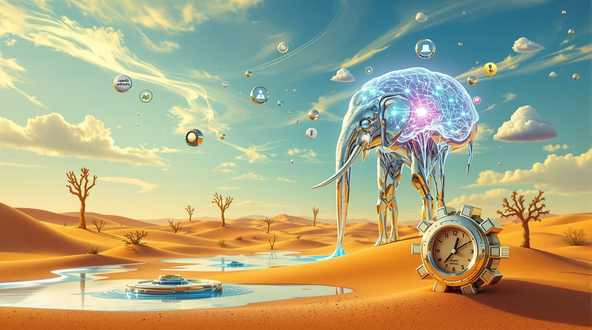 Surreales Bild: PHP-Elefant verschmilzt mit KI-Gehirn, Symfony-Zahnrad im Sand