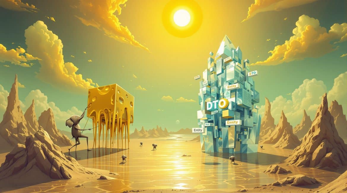 Surreales Dalí-Bild: DTO-Würfel transformiert zu Entity mit Datenströmen