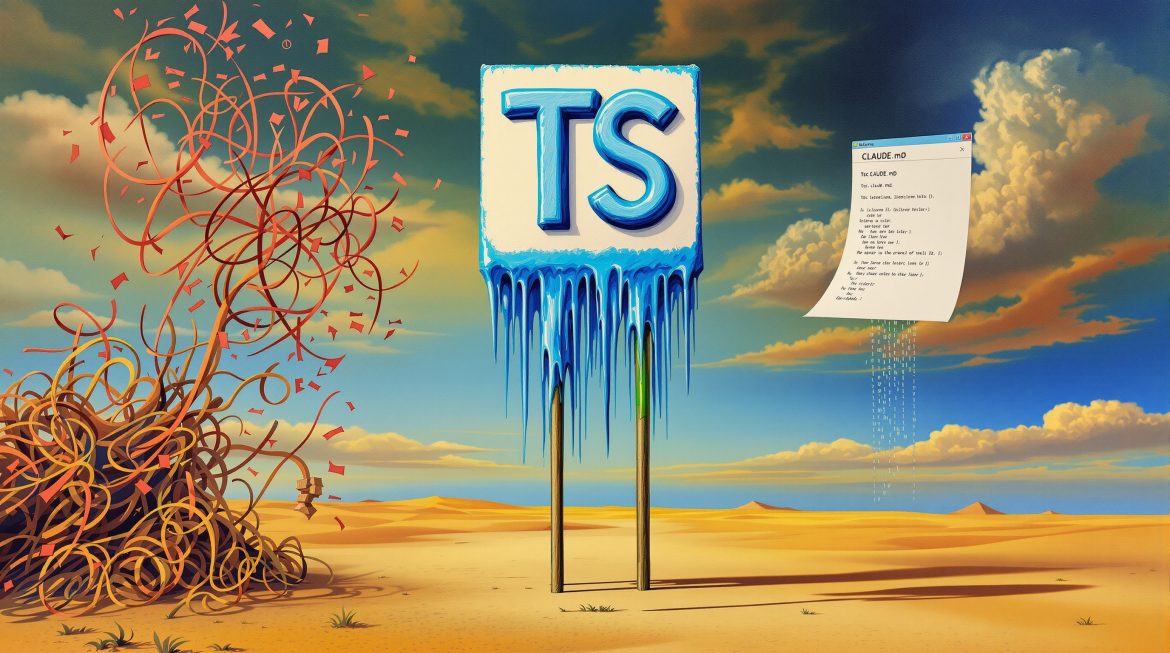 Surreales Dalí-Bild: TypeScript-Logo schmilzt in CLAUDE.md Dokument