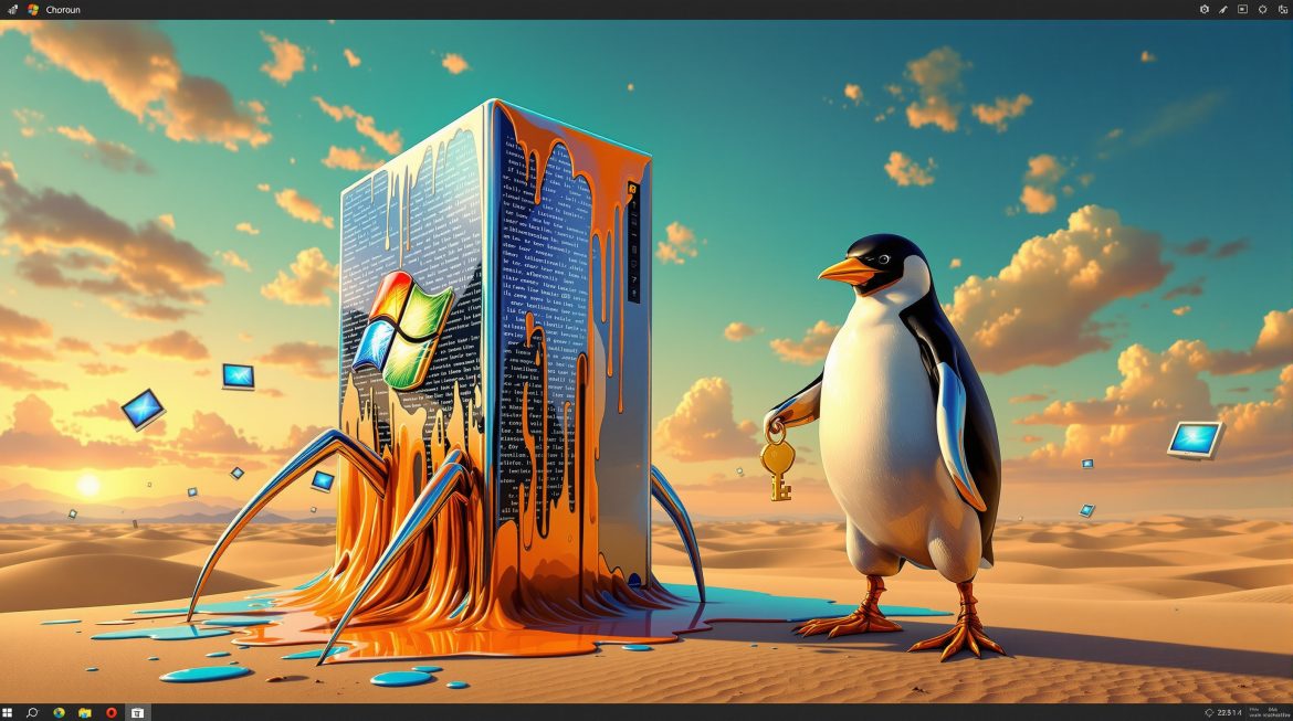 Surreales Bild: Windows-PC verwandelt sich in Linux-Pinguin im Dalí-Stil