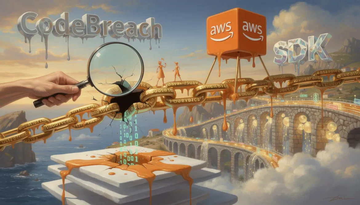 Zerbrochene Code-Kette symbolisiert AWS SDK Supply-Chain-Sicherheitslücke