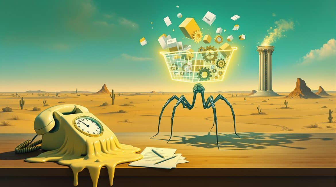 Surreales Bild: Schmelzendes Telefon und digitaler Warenkorb auf dünnen Beinen