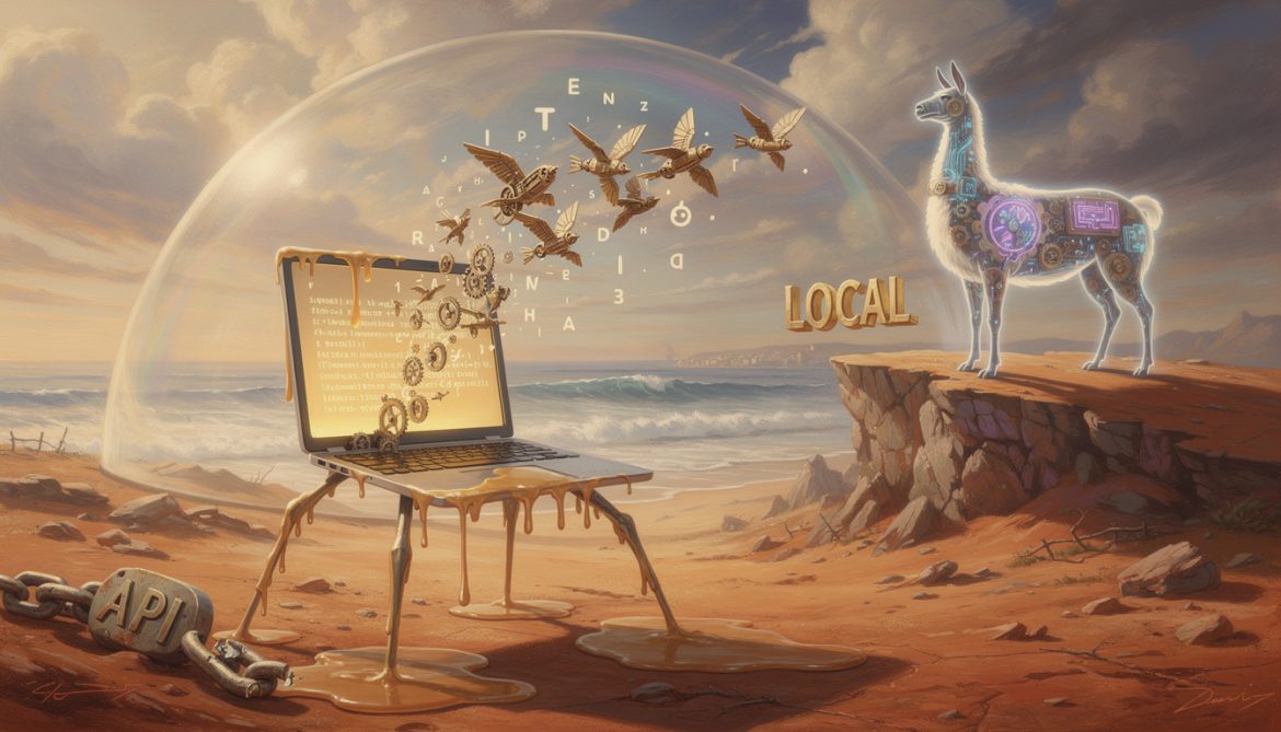Surrealer Laptop mit Schutzschild und Lama symbolisiert lokales KI-Coding