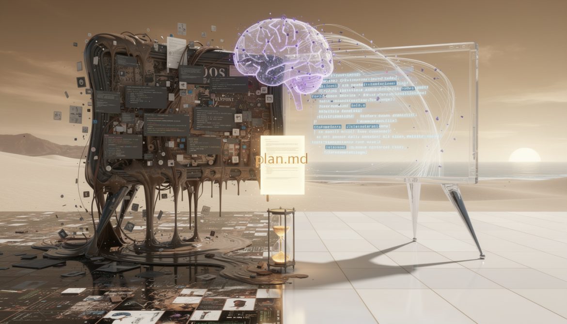 Surreales Bild: Terminal wandelt sich von Chaos zu fokussiertem Plan-Dokument