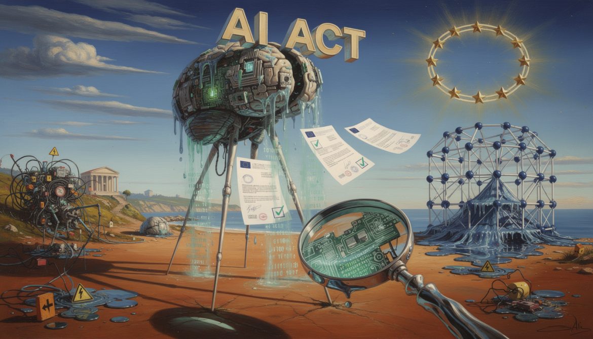 Surreales KI-Gehirn wird durch EU-Compliance-Lupe geprüft, Dalí-Stil